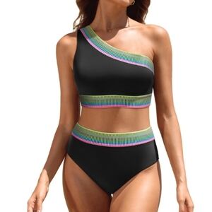 Tempt Me Women Black High Waisted Bikini Set - One Shoulder Two Piece Swimsuits